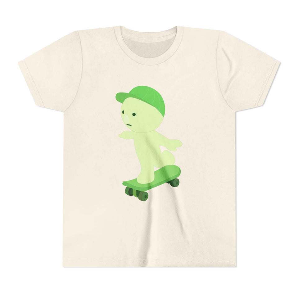 Smiski Skateboarding Youth Tee: Glow-in-the-Dark Kawaii Graphic T-Shirt
