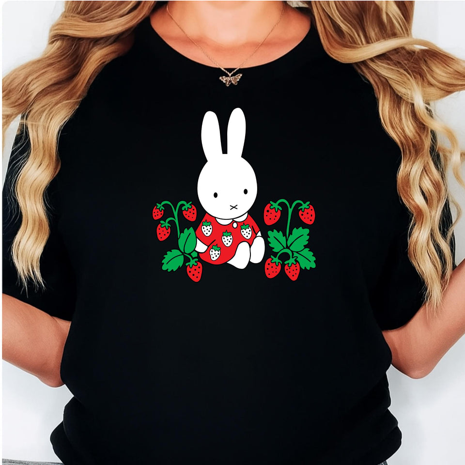 Bunny Strawberry Graphic Tee, Kawaii Minimalist Summer Fruit Shirt