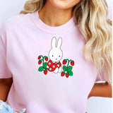 Bunny Strawberry Graphic Tee, Kawaii Minimalist Summer Fruit Shirt