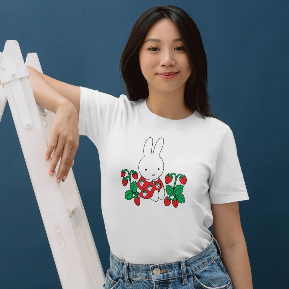 Bunny Strawberry Graphic Tee, Kawaii Minimalist Summer Fruit Shirt