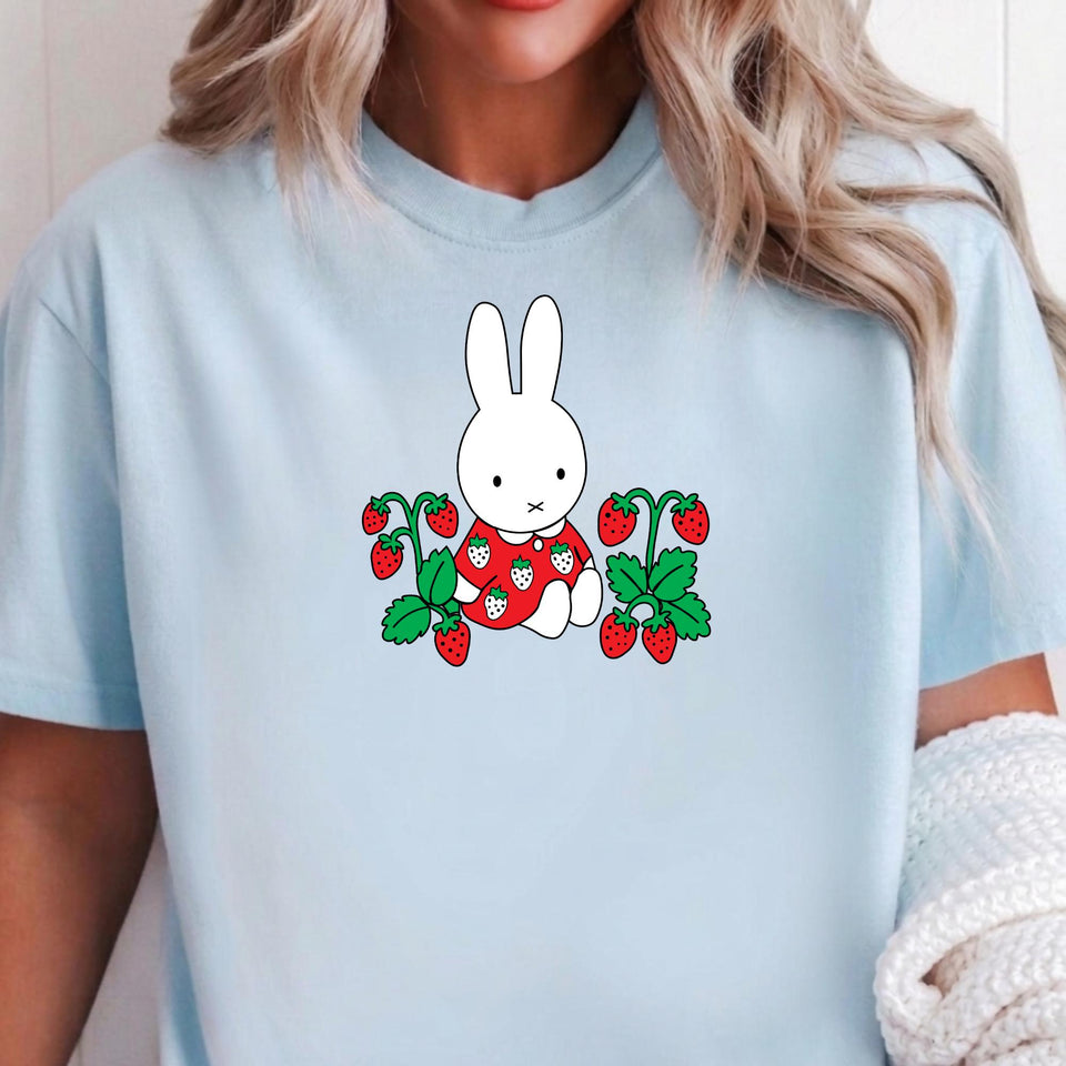 Bunny Strawberry Graphic Tee, Kawaii Minimalist Summer Fruit Shirt