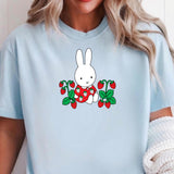 Bunny Strawberry Graphic Tee, Kawaii Minimalist Summer Fruit Shirt