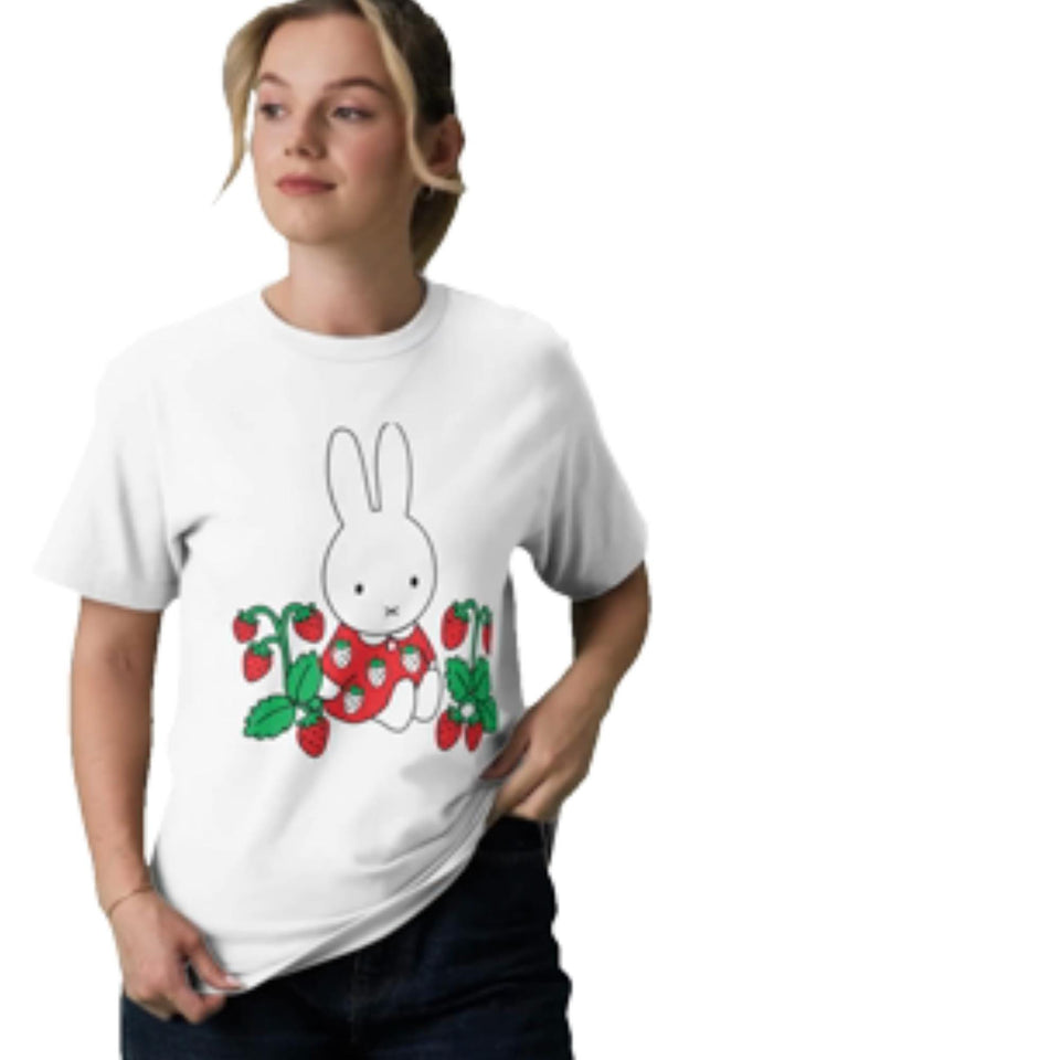 Bunny Strawberry Graphic Tee, Kawaii Minimalist Summer Fruit Shirt