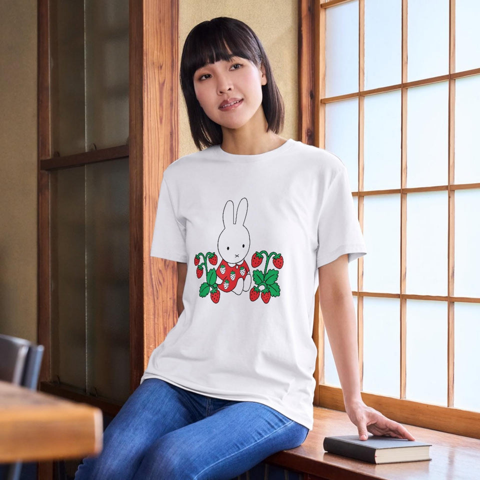 Bunny Strawberry Graphic Tee, Kawaii Minimalist Summer Fruit Shirt